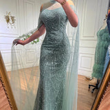 Nukty Mermaid Luxury Arabic Evening Dresses Cape Sleeve Beaded Pearls Sequined Long Formal Wedding Party Prom Gowns Vestido De Gala