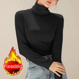 Nukty Women Shirt And Blouse Winter Fleecing Thickening Velvet Basic High Neck Warm Top Solid All-Match Sweet Elegant Casual T-Shirt