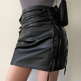 Nukty Sexy Mini Skirts for Women PU Leather Punk Bandage A-line Black High Waist Pencil Skirt Fashiom Y2k Female Clothes Autumn Winter