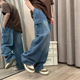 Nukty Men Jeans Loose Straight Wide Leg Denim Pants Men's Hip Hop Streetwear Skateboard Neutral denim Trousers Mopping Cargo jeans