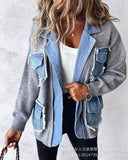 Nukty Raw Hem Cardigan Women Sweaters Patchwork Notched Collar Knitted Denim Jackets Jumpers Pockets Thick Coats Autumn Winter Outwear