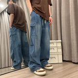 Nukty Men Jeans Loose Straight Wide Leg Denim Pants Men's Hip Hop Streetwear Skateboard Neutral denim Trousers Mopping Cargo jeans