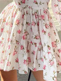 Nukty Elegant Women Floral Print Short Mini Dress Long Lantern Sleeve Deep V Neck High Waist A-Line Dresses Female Vestidos