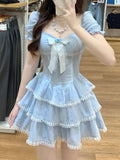 Summer Sweet Kawaii Blue Plaid Dress Woman Lolita Lace Y2k Mini Dress Short Party Elegant One Piece Dress Korean Fashion