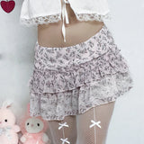 Nukty Kawaii Floral Print Lace Stitching A-line Skirt Pink Low Waist Chiffon Skirts Y2K Coquette Lolita Skirts Soft Girls