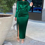 Nukty Long Dress Women Party Pleated Bandage Elegant Evening High Waist Summer Dresses Prom Formal Green Bodycon Maxi Work Vestidos