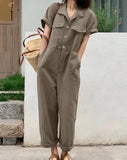 Nukty Women Summer Jumpsuit Lapel Solid Color Short Sleeved Dungarees Femme Fashion Causal Elegant Rompers Work OL Pant