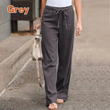 Nukty Women Cotton Linen Casual Pants Summer Fashion Drawstring Elastic Waist Loose Straight Pants Female Solid Ankle-Length Trousers