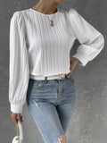 Nukty Fall New Casual Solid Round Neck Long Sleeve Shirts White Women's Blouses