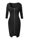 Nukty Sexy Long Zipper Girdling Waist Slim Bodycon Dress Women Half Sleeves Solid Color Skinny Dress Elegant Club Party Vestidos