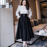 Nukty Big Swing High Waitsed Black Skirts Women Fashion Pleated Satin Midi Skirt Woman Pearls Button Long Party Skirts Ladies