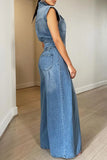 Nukty Jumpsuits Women One Piece Denim Jeans Overalls Sleeveless High Waist Turn Down Collar Wide Leg Long Pants Rompers Summer 2024