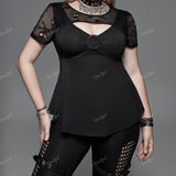Nukty Plus Size Gothic Skull Mesh Panel Cutout T-shirt Black Round Neck Short Sleeve Blouse Tops For Women Halloween