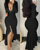 Nukty Sexy Rhinestone Decor Cold Shoulder Ruched Bodycon Long Sleeve Dress Midi Skinny Party women's dresses