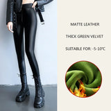 Nukty Autumn Winter Velvet Thick Warm Leather Pants Women Elastic PU High Waist Leggings Black Casual Slimming Fleece Trousers