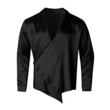 Nukty Men's Fall Shiny Satin Shirt Solid Color Long Sleeve Lapel V-Neck Wrap Loose Fit Tops