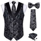 Nukty Brand Suit Vest Set For Men Luxury Silk Black Gold Paisley Dress Vest Tie Cufflinks Handkerchief Set Male Sleeveless Waistcoat