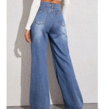 Nukty Blue Jeans for Women Wide Leg Pants Straight Long Pant Denim Trousers High Waist Y2k Loose Elegant Trouser Autumn Spring