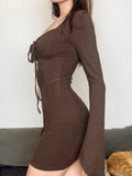 Nukty Solid Brown Corset Dresses Flare Sleeves Lace-up Milkmaid Fashion Y2K Slim Outfits Aesthetic 90s Chic Women Cloth