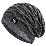 Nukty New Unisex Slouchy Winter Hats Add Fur Lined Men And Women Warm Beanie Cap Casual Five-pointed Star Decor Winter Knitted Hats