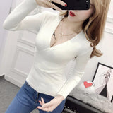 Nukty Sexy Deep V Neck Sweater Women New Womens Clothing Slim Bottoming Large Elastic Knitwear Rib Cotton Long Sleeve Top Jerseys