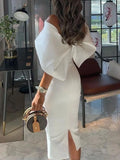 Nukty DRESS TO IMPRESS Elegant White Dress Women Summer Off Shoulder Cape Design Splicing Skinny Dress Party Vestidos Woman Evening Party Dresses White