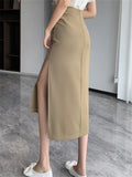 Nukty High Waist Side Split Women's Office Wrap Skirts New Spring Summer Korean Solid Pleated Straight Midi Black Skirts Ladies