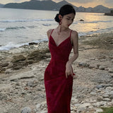 Sexy Sleeveless Red Spaghetti Strap Midi Dresses for Women Summer New French Vintage Fashion Party Backless Female Clothing