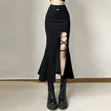 Nukty High Waist Women Mermaid Skirts American Style Designed Bandage Split Midi Skirt Y2K Fashion Streetwear Female Skirts Spring New