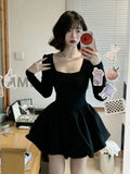 Nukty Winter French Elegant One Piece Dress Women Black Patchwork Vintage Party Mini Dress Female Korean Style Sweet Chic Dress