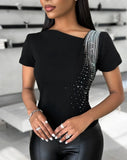 Nukty Top Women Summer Fashion Rhinestone Decor Asymmetrical Neck Casual Plain Short Sleeve Skinny Daily T-Shirt Top Y2K Clothes