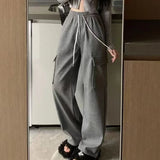 Nukty Autumn Winter Women Pants Elastic Waist Drawstring Large Pocket Trousers Youthful Loose Casual Sports Solid Straight Cargo Pant