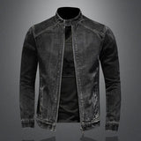 Nukty High Quality Men's Denim Jackets Black Stand Collar Motorcycle Outerwear Cotton Vintage Bomber Jacket Mens Moto Biker Denim Coat