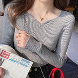 Nukty Autumn Winter Women Long Sleeve Knit Warm Casual Pullovers V-Neck Slim Bottoming Sweater For Women Office Sweater