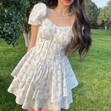 Nukty 2024 Summer Puff Sleeve Cake Dress Women Korean Fashion V Neck Print Mini Dress Woman Slim Waist Ruffles Hem Dresses Female