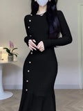 Nukty DRESS TO IMPRESS Korean Chic French Knitted Dress Women High Waist Fishtail Dresses Autumn Winter Long Sleeve Elegant Bodycon Dress Vesstidos