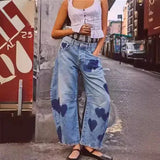 Nukty Jeans Women Print Long Pants Casual Loose Denim Blue Mom Heart Mid Waist Wide Leg Pant Trousers Pocket Button Y2k Splice