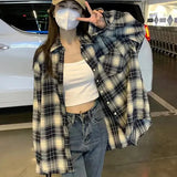 Nukty Autumn All Match Plaid Shirts for Women Korean Fashion Button Up Oversized Shirt Woman Aesthetic Loose Blouse Female