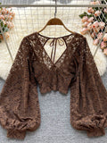 Nukty Autumn Black/White/Brown Sexy Lace Blouse Women Elegant V-Neck Puff Long Sleeve Open Back Short Tops Female Party Blusas