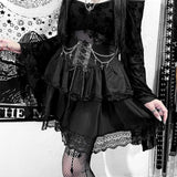 Nukty Medieval Goth Black Pleated Mini Skirts Lolita Aesthetic Skirt Women's High Waist Lace Trim Gothic Skater Skirt Halloween Outfit