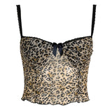 Nukty Leopard Print Mesh Camis Streetwear Y2K Vintage Lace Bow see Through Sexy Summer Backless Crop Top Women Mini Vest 2024