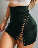 Nukty Skirts Woman Fashion High Waist Pu Leather Eyelet Lace-Up Skirt Sexy Black Hip Lift Slim Mini Dress Party Club Streetwear