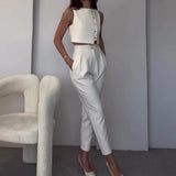 Nukty Vest Tops Two Piece Sets Women Pants Set Round Neck Sleeveless White Button High Waist Wide Leg Long Pants Slim Fit Elegant