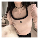 Nukty Women Butterfly Embroidered T-shirts Square Neck  Long Sleeve Patchwork Y2K T-Shirts Casual Tees Women Autumn Winter