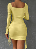 Nukty Sexy Square Neck Backless Tight Mini Dress Women's Long Sleeve Drawstring Pleated Party Wrapping Dress New Style