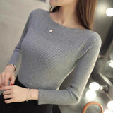 Nukty Women Ribbed Slash Neck Slim Sweater Knitted Long Sleeve Office Sweaters Casual Solid Pullovers For Women Autumn