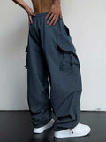 Nukty Loose Fit Cargo Pants for Men Solid Streetwear Tooling Trousers Mid-waist Drawstring Beam Feet Long Pants