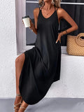 Nukty Solid Color Curvy Hem Cami Dress, Sexy Sleeveless Spaghetti Strap Loose Maxi Dress, Women's Clothing