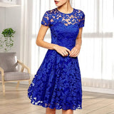 Nukty Women Summer Dress See-through Hollow Out Lace Party Mini Dress Round Neck A-line Plus Size Prom Dress Women Clothes
