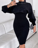 Nukty 2 Piece Outfits Sets Mock Neck Rhinestone Decor Knit Crop Sweater and Slip Bodycon Midi Dress Women Fashion Skinny Dresses Sets